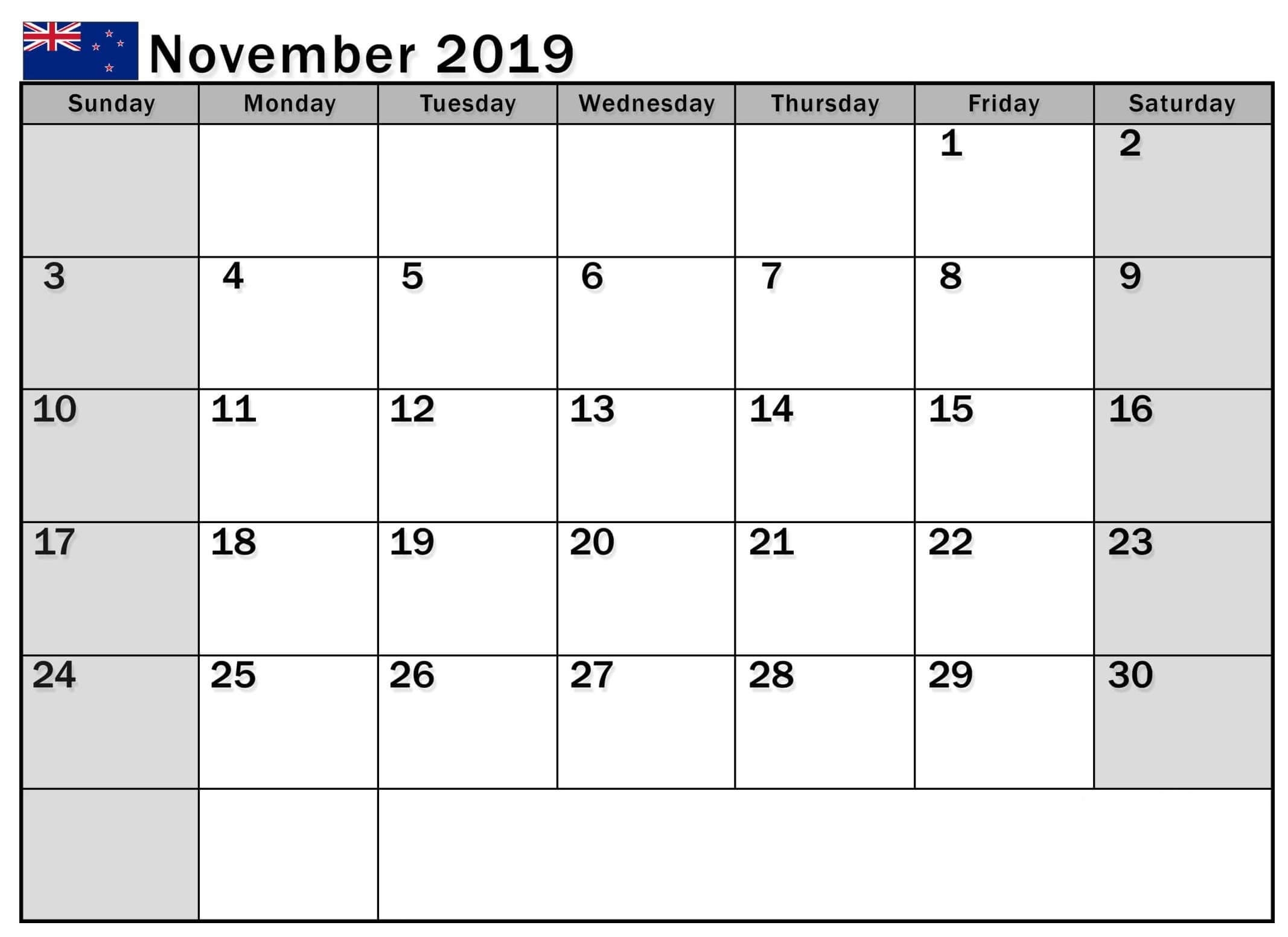 November 2019 Calendar Nz With National Holidays - 2019