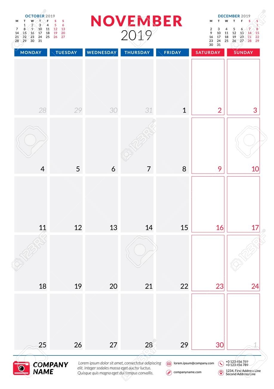 November 2019. Calendar Planner Stationery Design Template. Portrait..