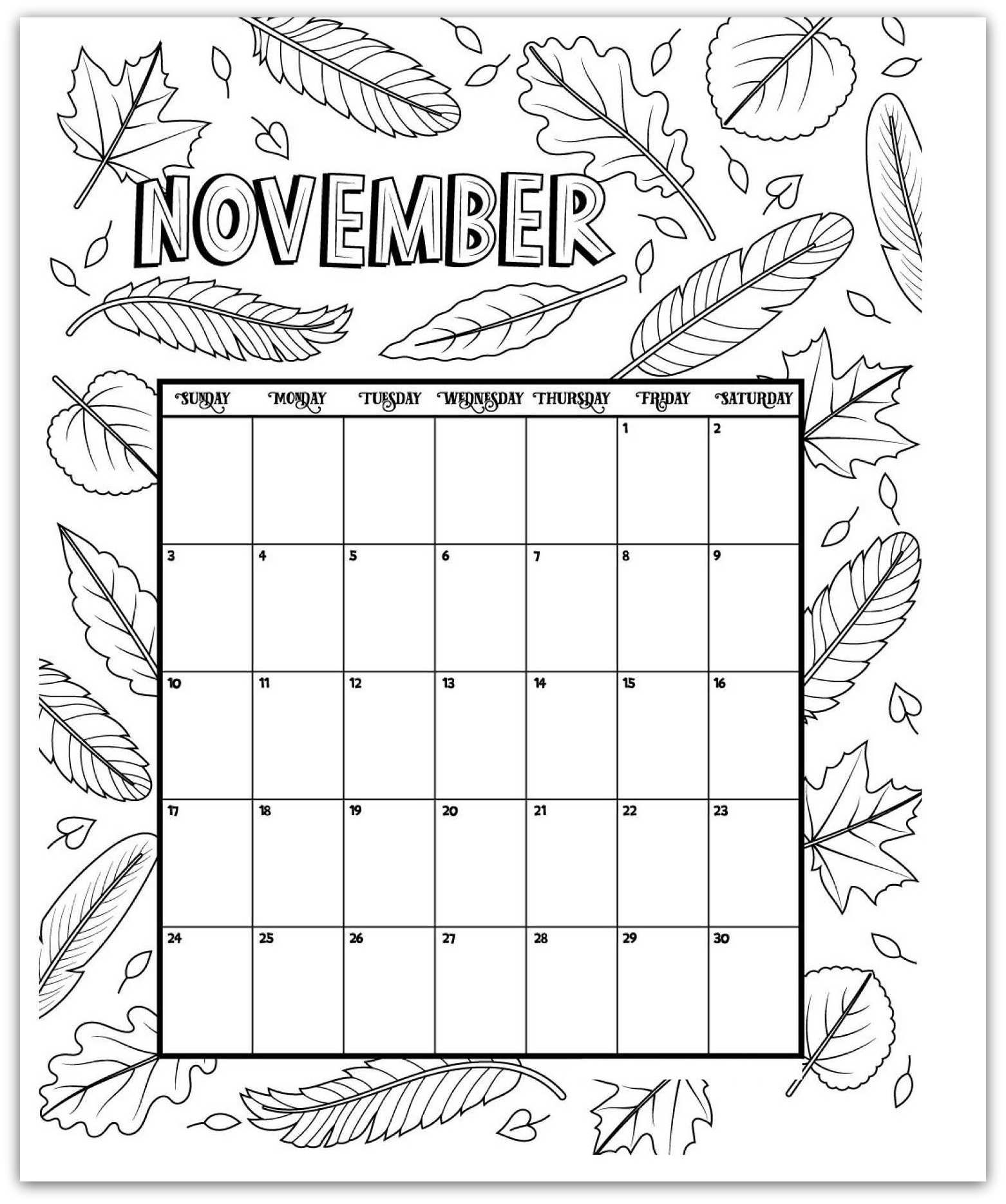 November 2019 Coloring Page Printable Calendar | Kids