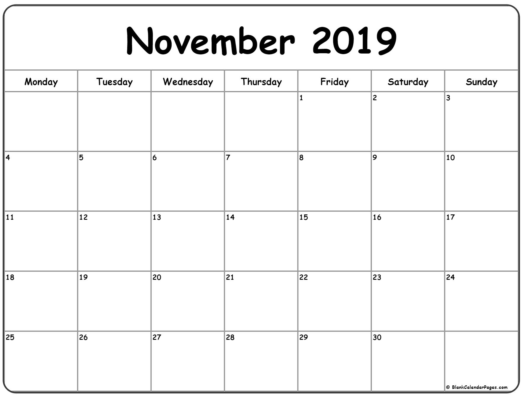 November 2019 Monday Calendar | Monday To Sunday