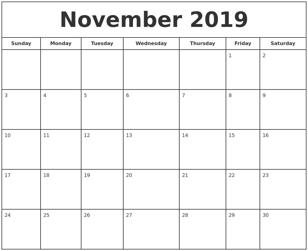 November 2019 Print Free Calendar