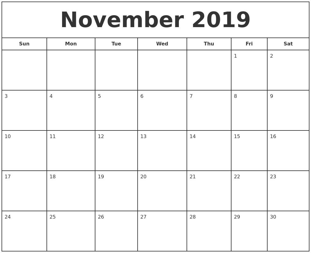 November 2019 Print Free Calendar