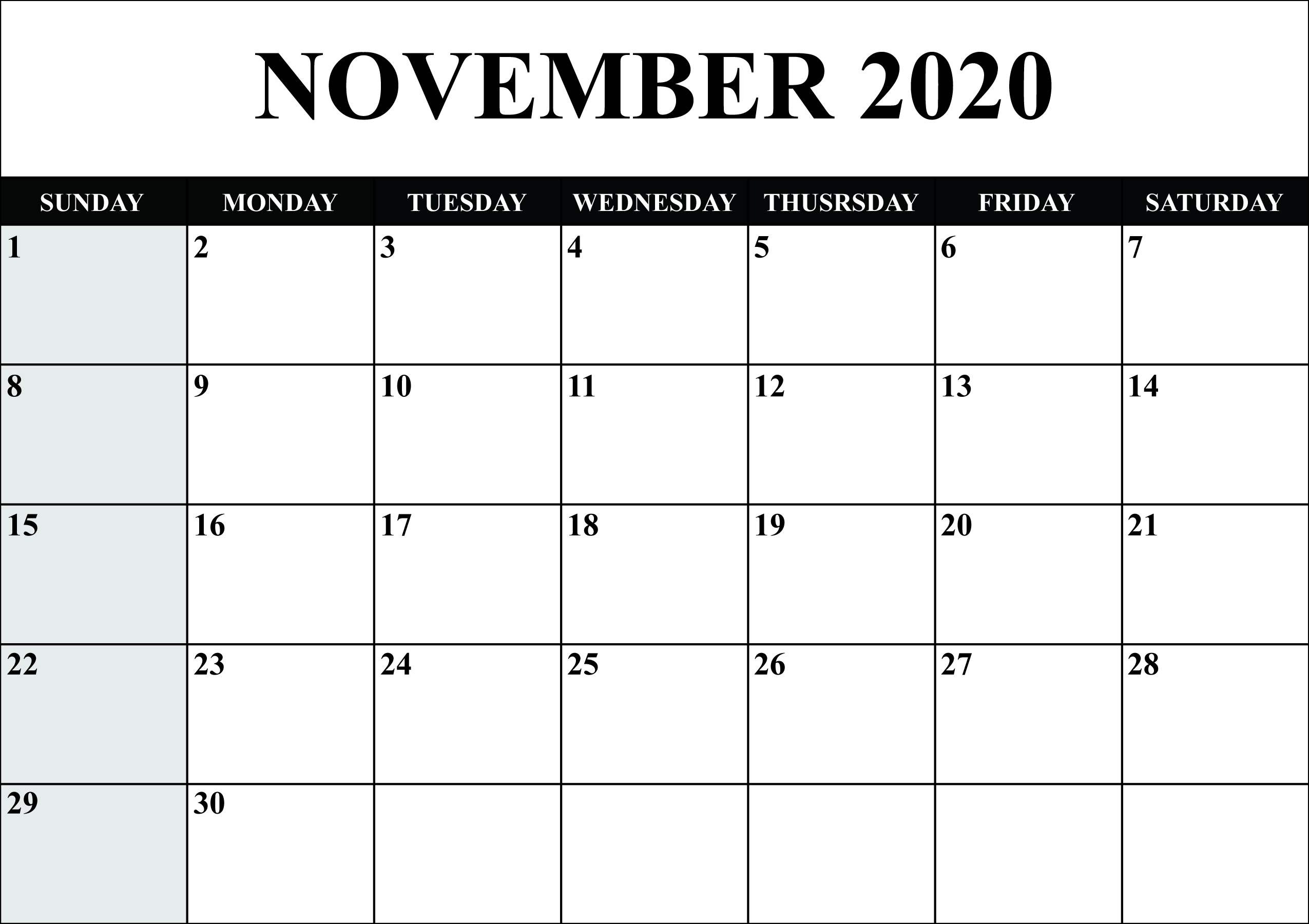 November 2020 Calendar Template Word, Pdf, Excel Format