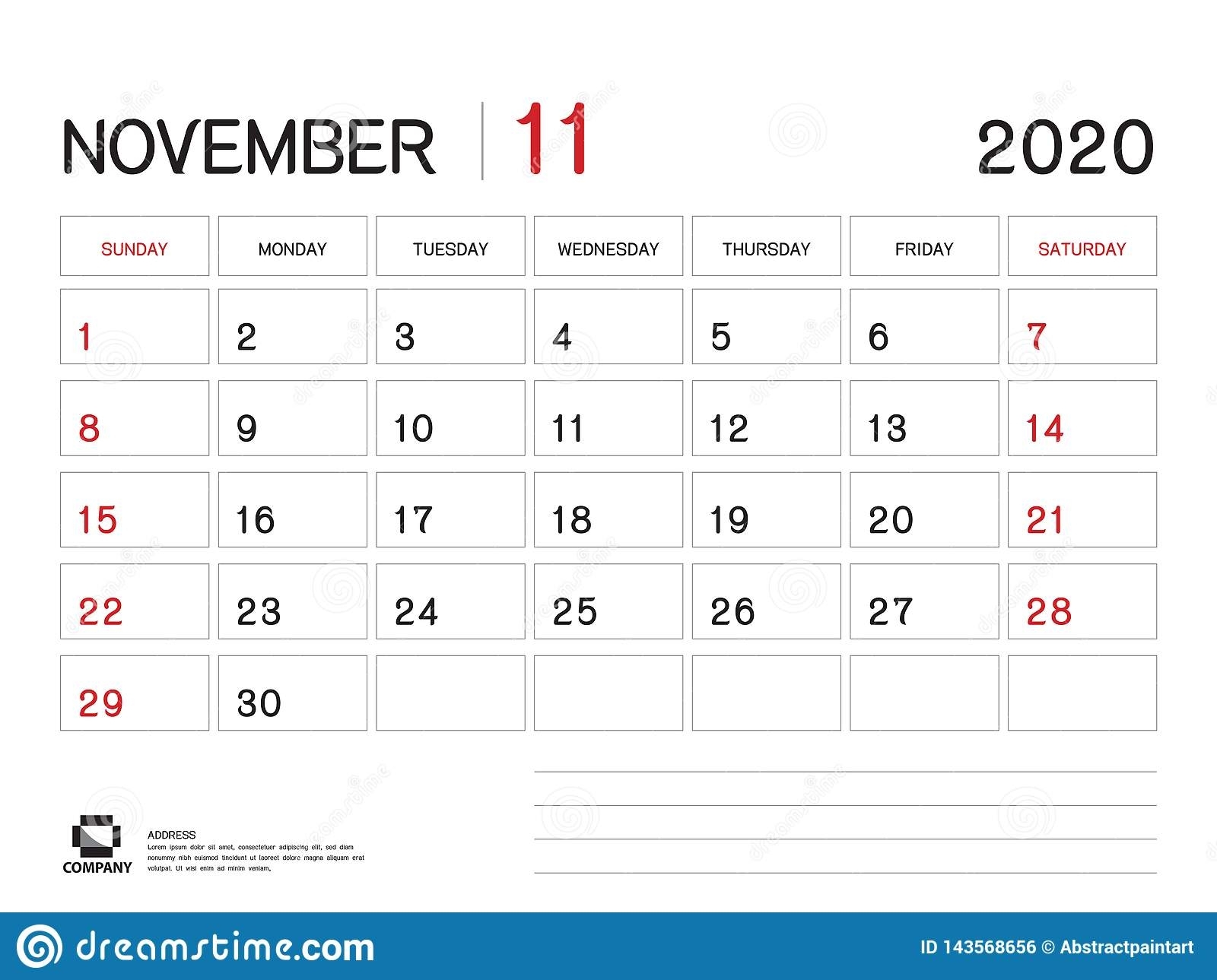 November 2020 Year Template, Calendar 2020 Vector, Desk