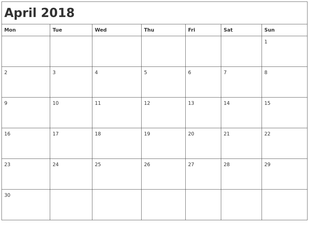 November Calendar With Holidays Canada 2018 — April