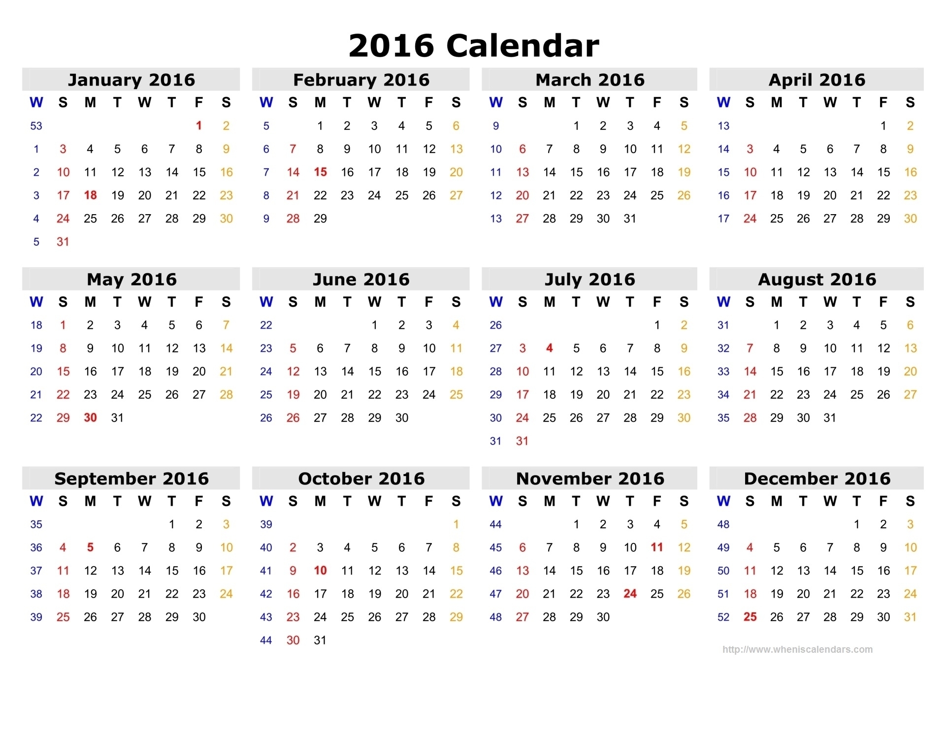 Number Calendar 2016 | Calendar Template 2019