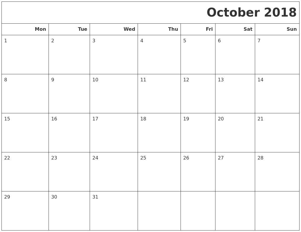 October 2018 Calendar Printable Monday Start | Print