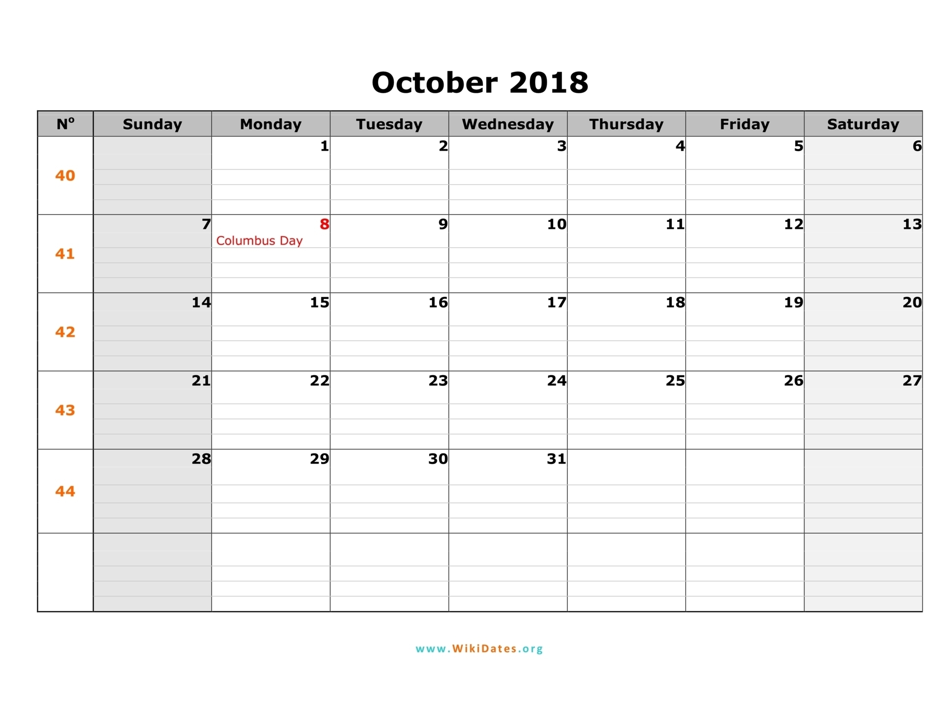 October 2018 Calendar | Wikidates