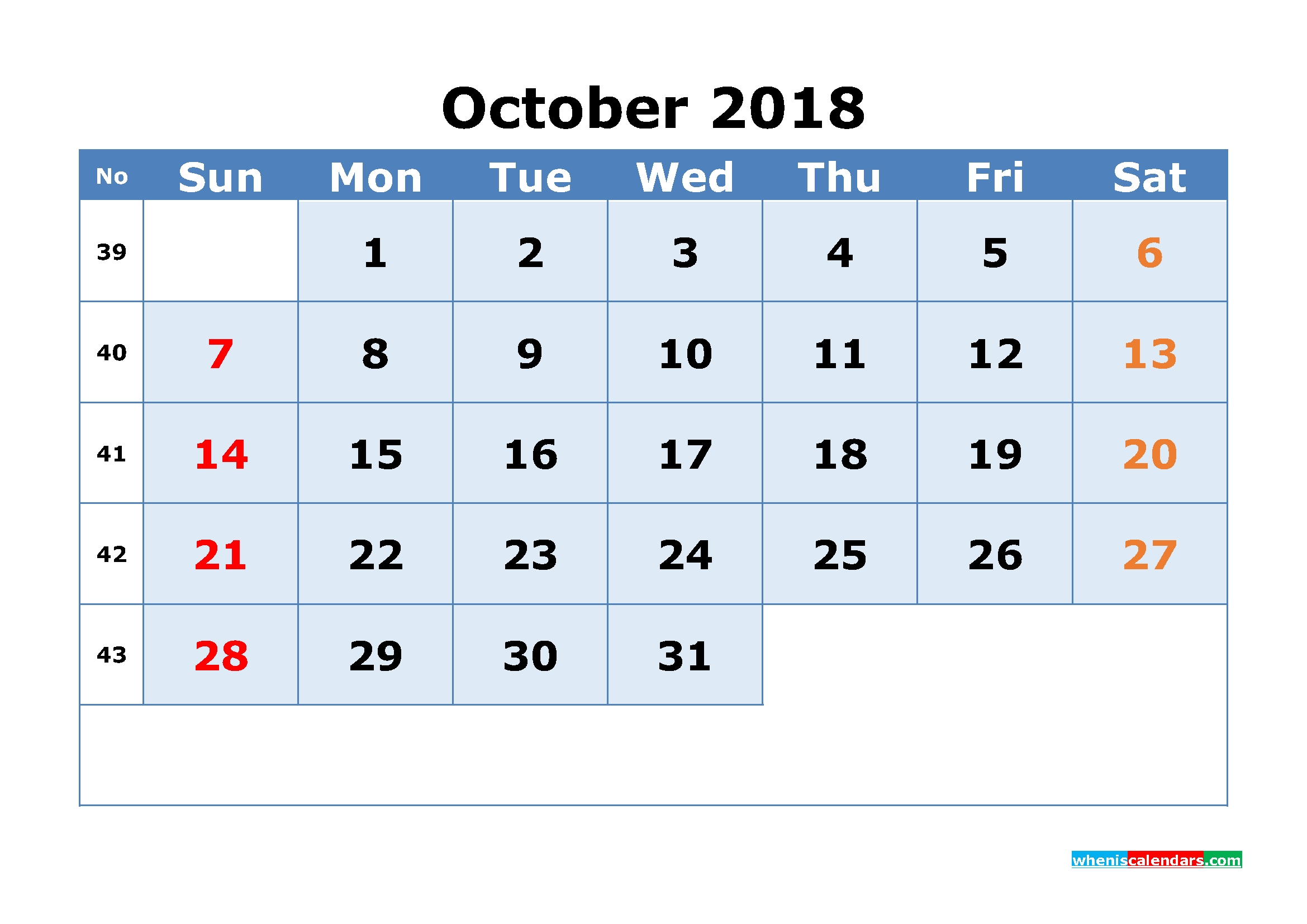 October 2018 Calendar With Week Numbers Printable 1 Month