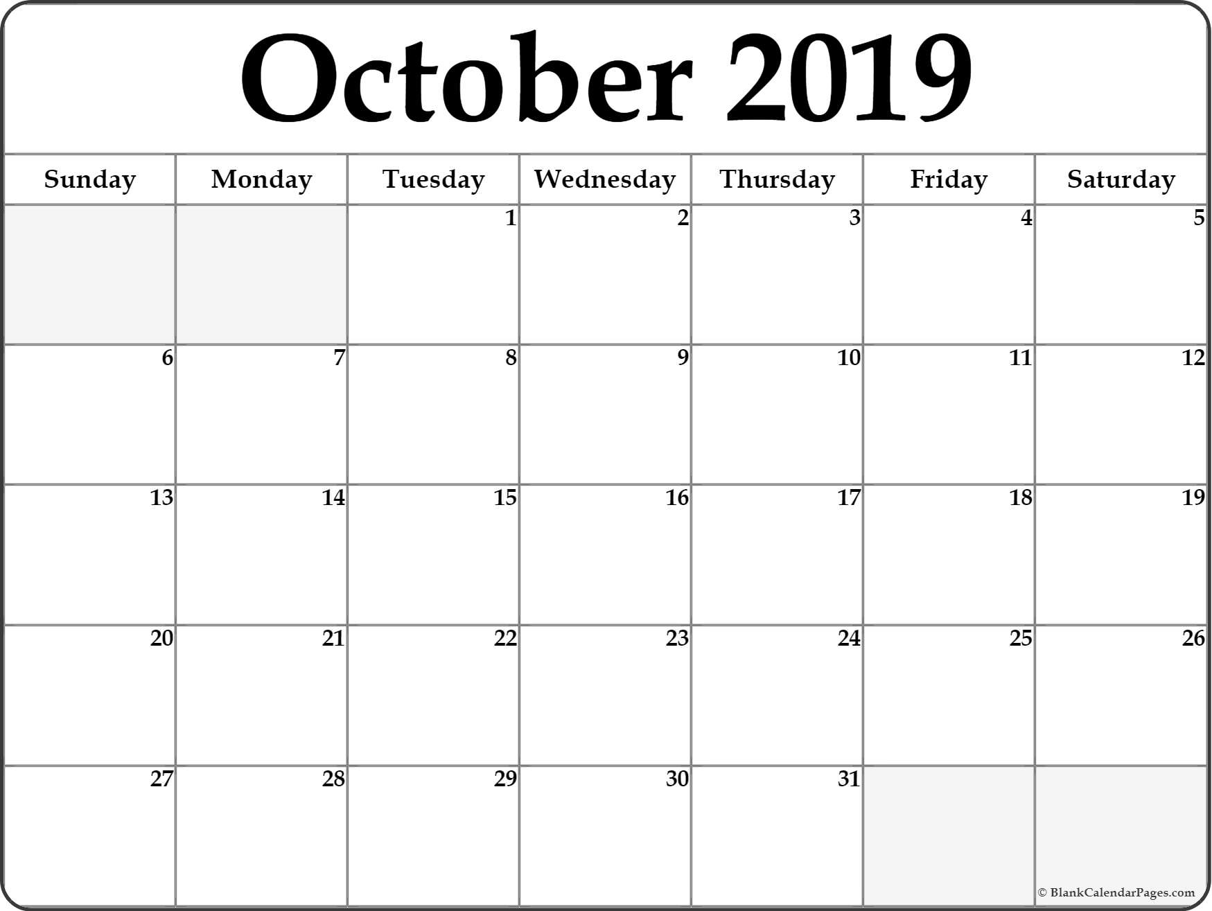 October 2019 Calendar | Free Printable Monthly Calendars