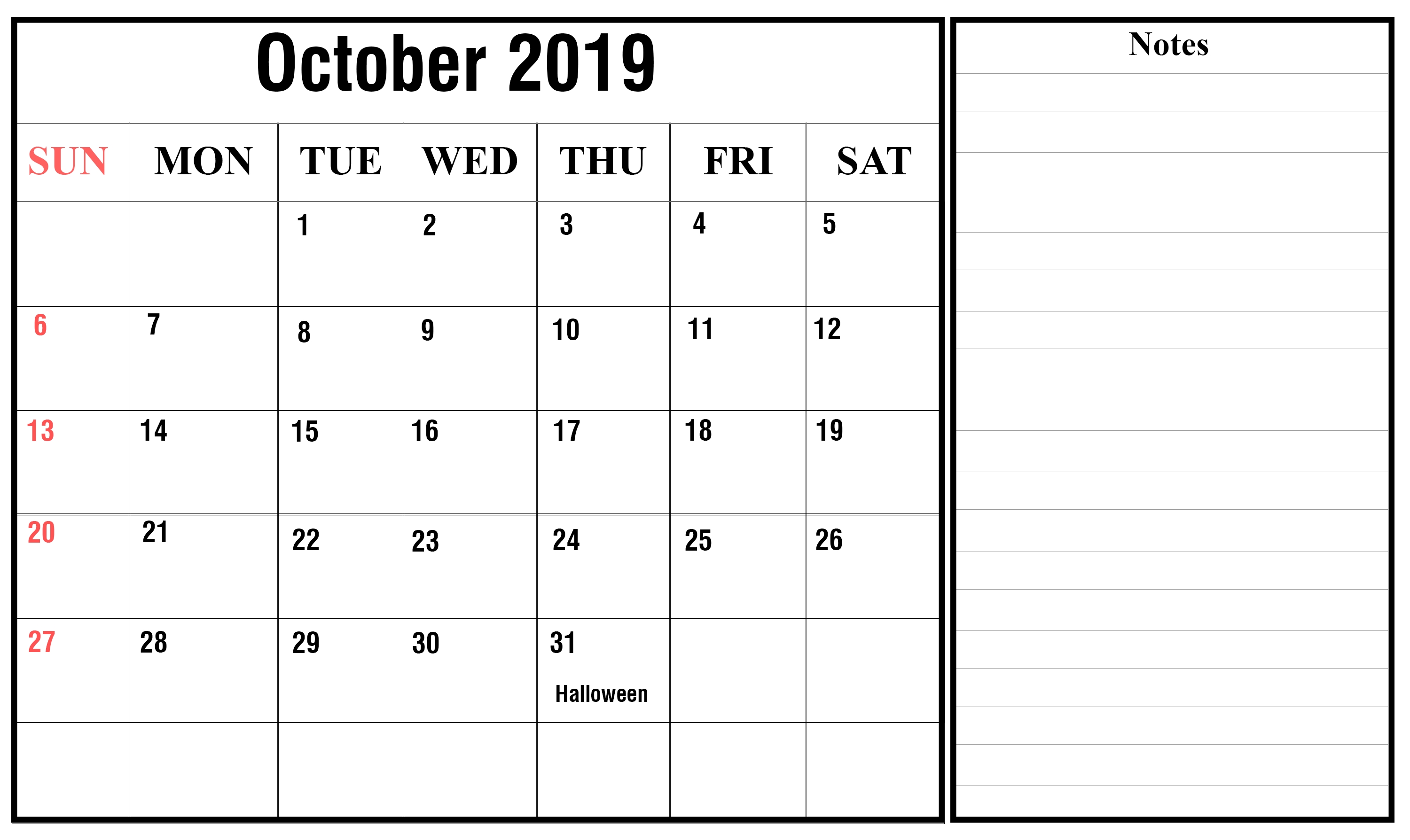 October 2019 Calendar Printable Template With Holidays