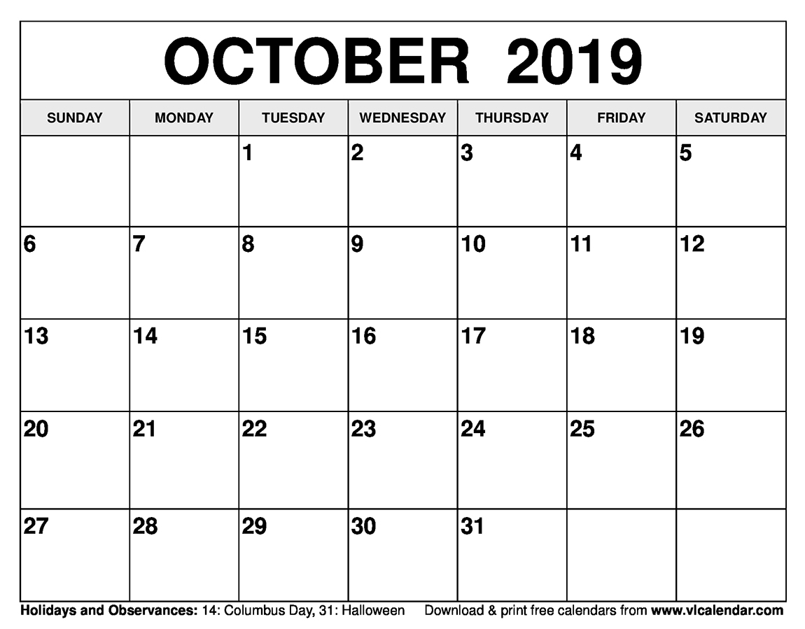 October 2019 Calendar Printable Templates