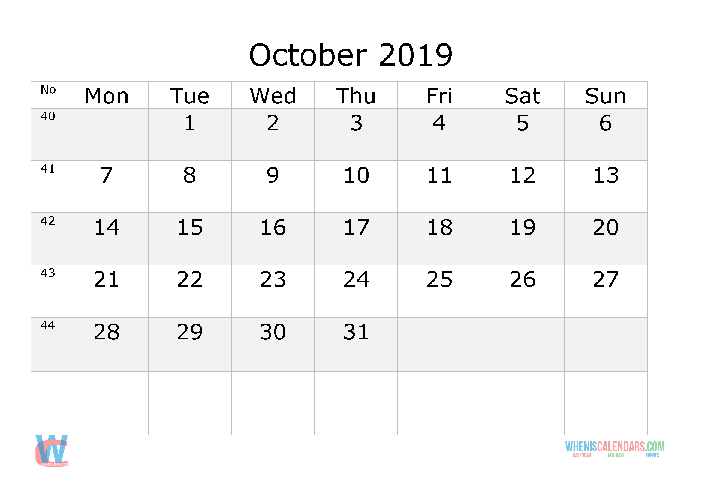 October 2019 Calendar With Week Numbers Printable, Start