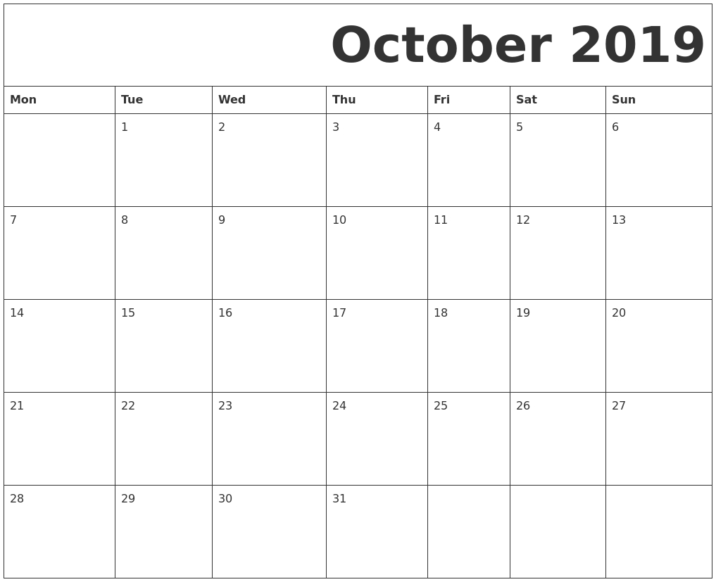 October 2019 Free Printable Calendar