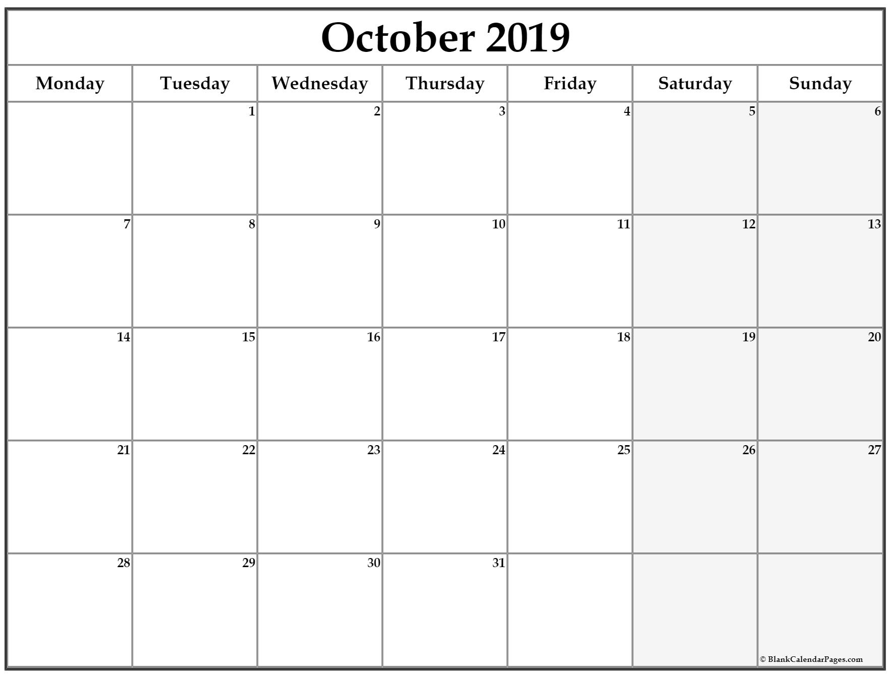 October 2019 Monday Calendar | Monday To Sunday