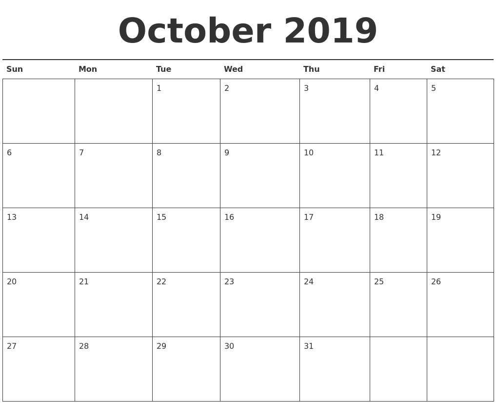 October 2019 Printable Calendar - Free Blank Templates