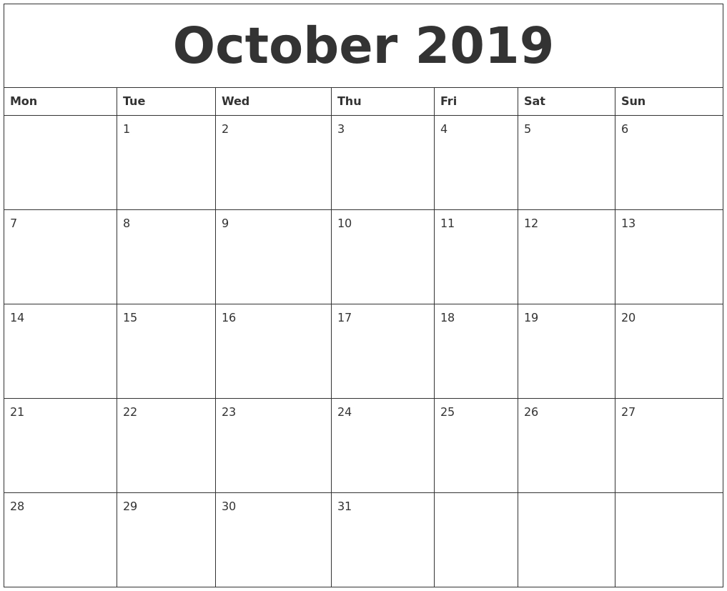 October 2019 Printable Calendar Pages