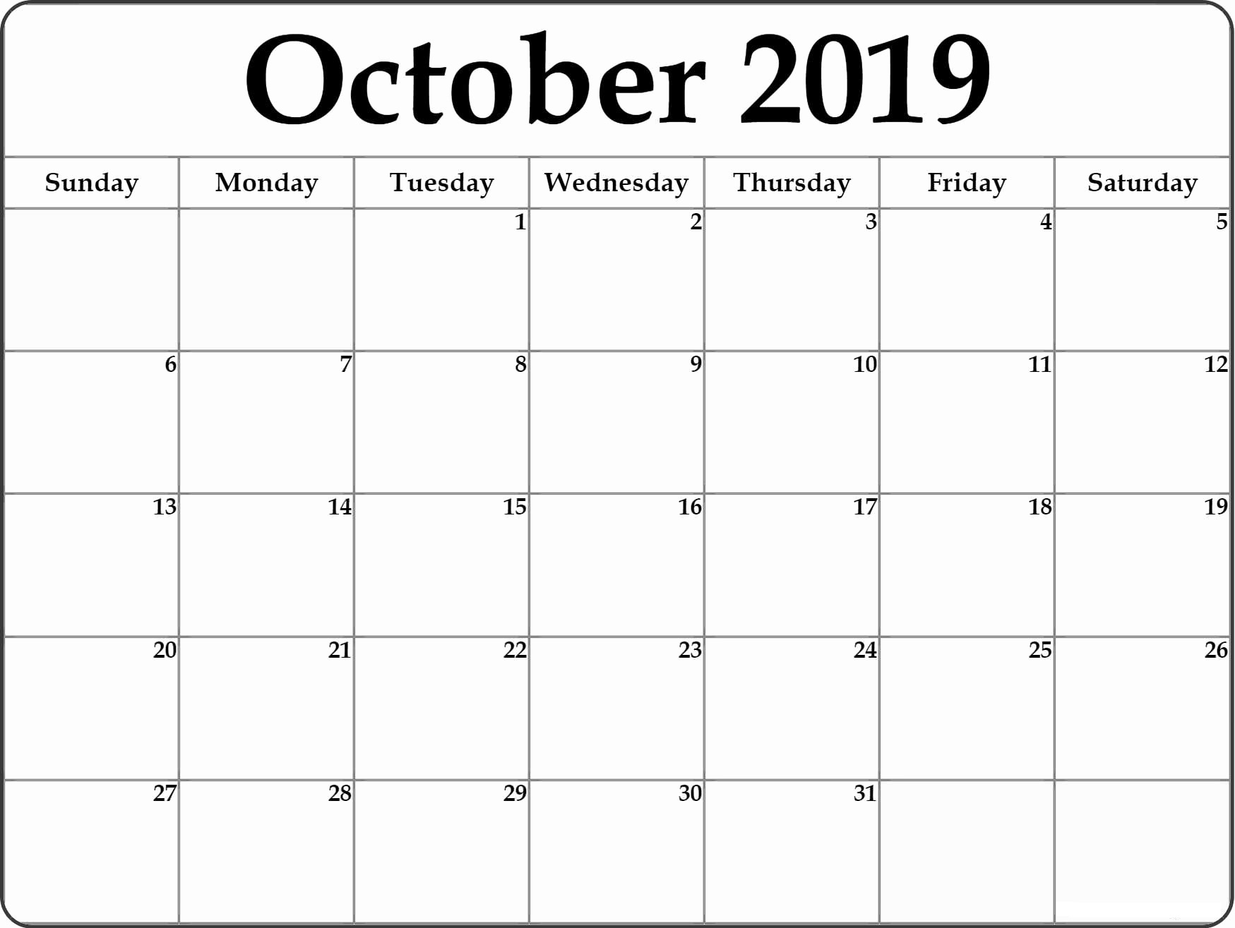 October 2019 Printable Calendar Pdf Free Monthly Template