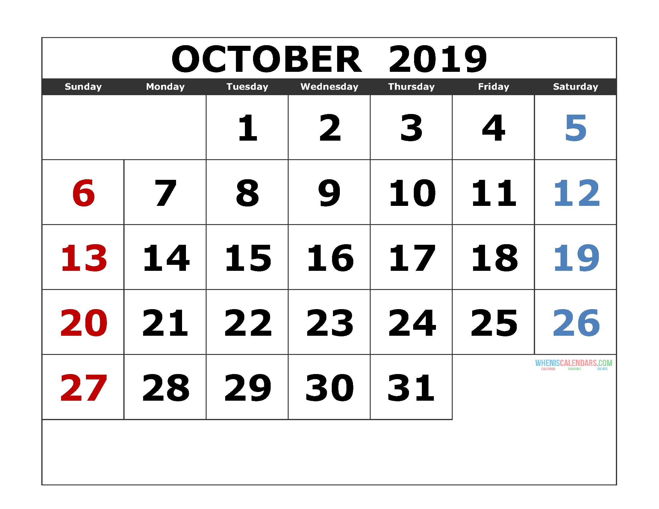 October 2019 Printable Calendar Templates [ 2019 Monthly