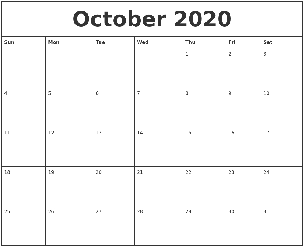 October 2020 Cute Printable Calendar