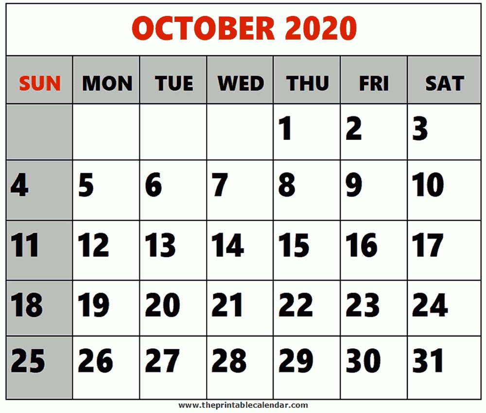 Free Printable Calendar October 2020 Landscape Month Calendar Printable