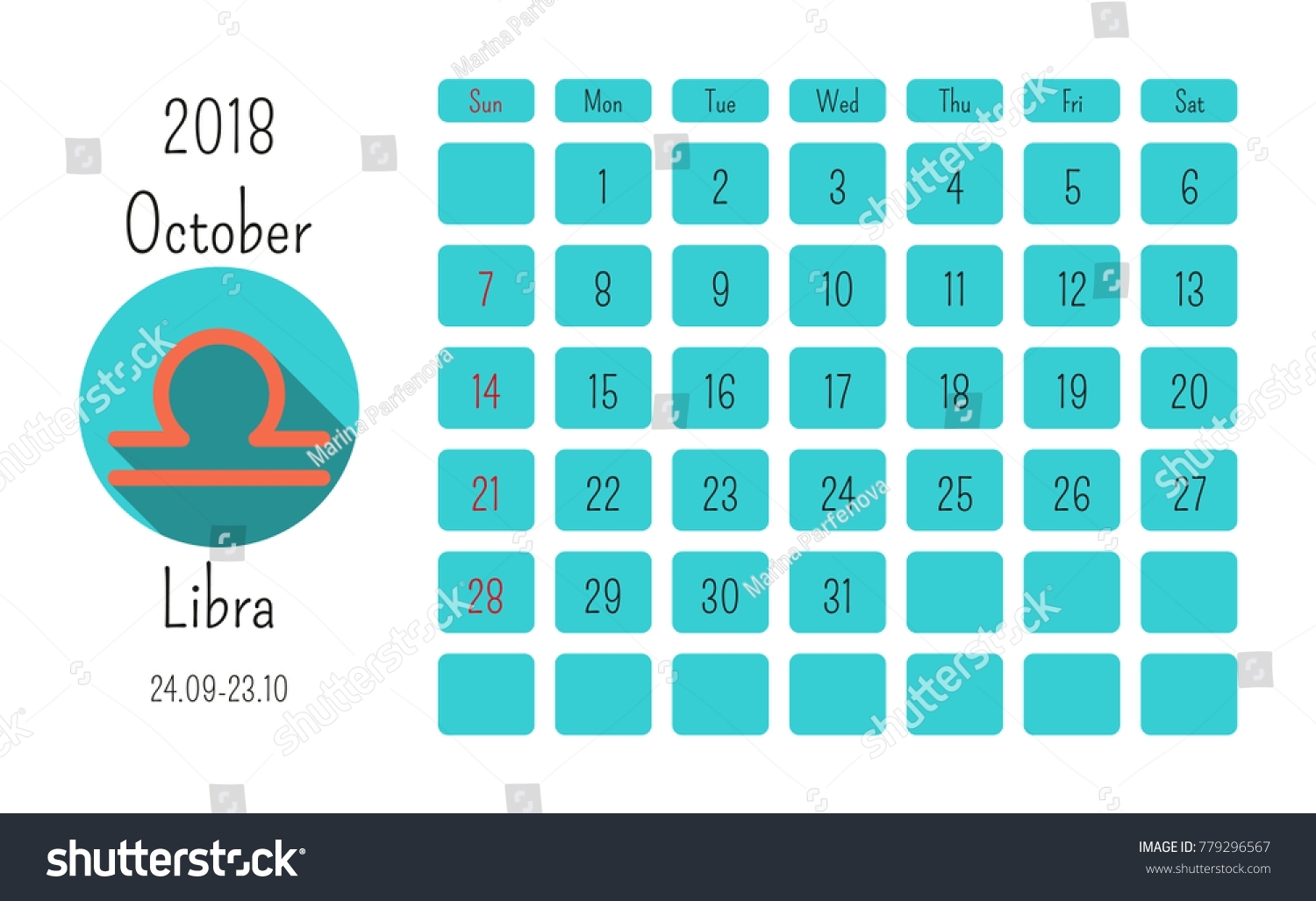 October Calendar 2018 Horoscope Signs Zodiac Stock Image