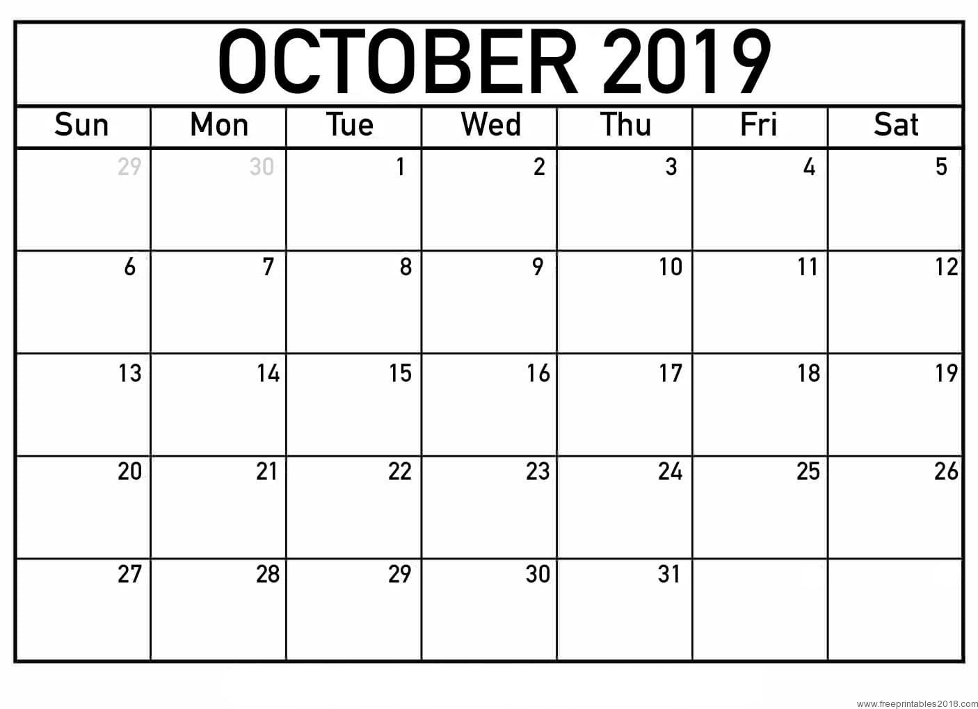 October Calendar 2019 Printable Template – Pdf, Word, Excel