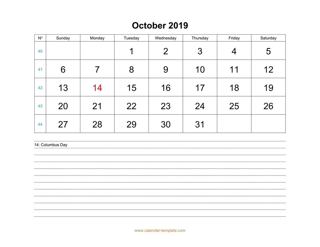 October Calendar 2019 With Space For Notes