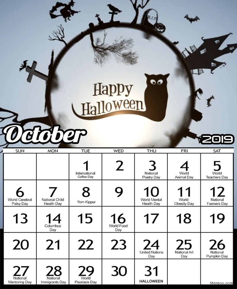 October Calendar Printable Halloween Cat Haunted House