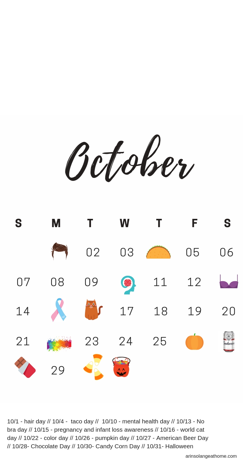 October National Days Calendar - Arinsolangeathome