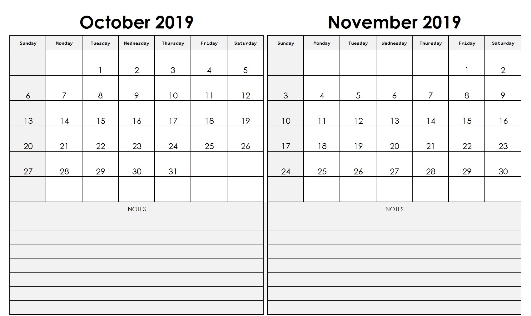 October November 2019 Calendar Printable (2 Month Templates