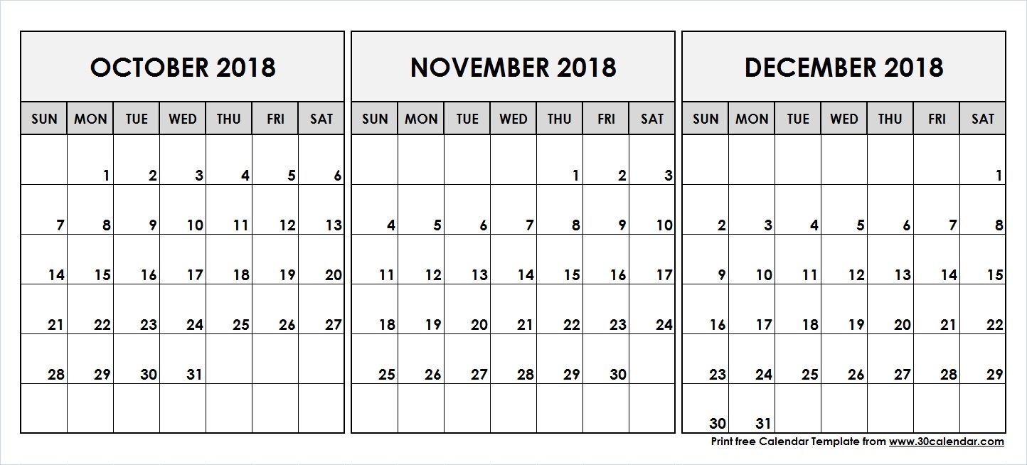 October November December 2018 Printable Calendar In 2019