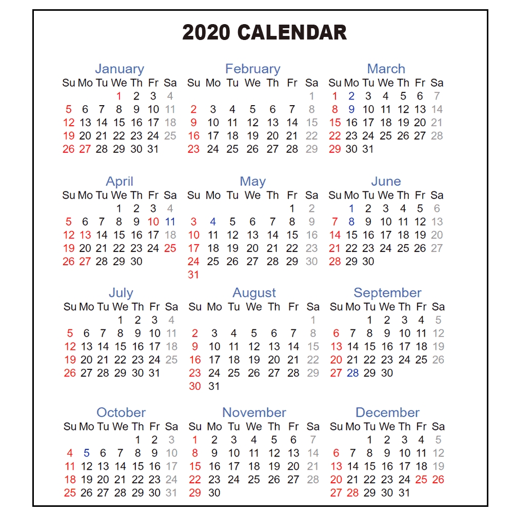 One Page Yearly Calendar 2020 - Cerno.mioduchowski