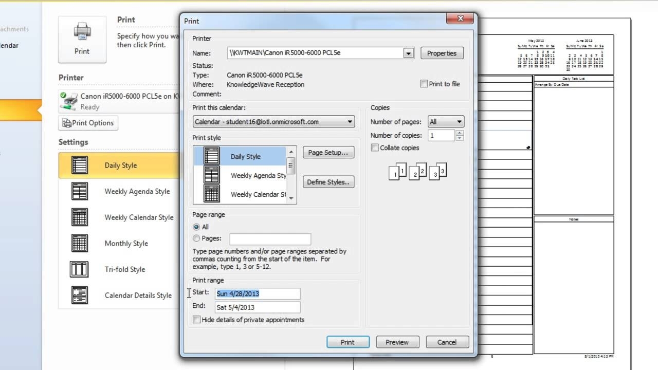 Outlook 2010: How To Print Calendars