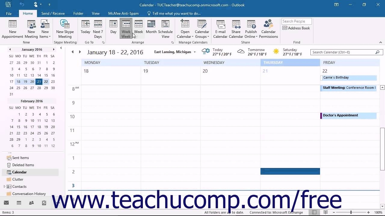 Outlook 2016 Tutorial Switching The Calendar View Microsoft Training Lesson