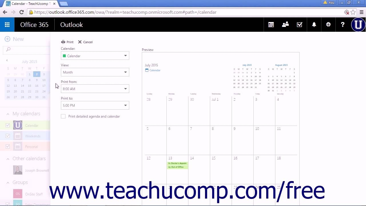 Outlook Web App Tutorial Printing The Calendar 2015 Microsoft Training