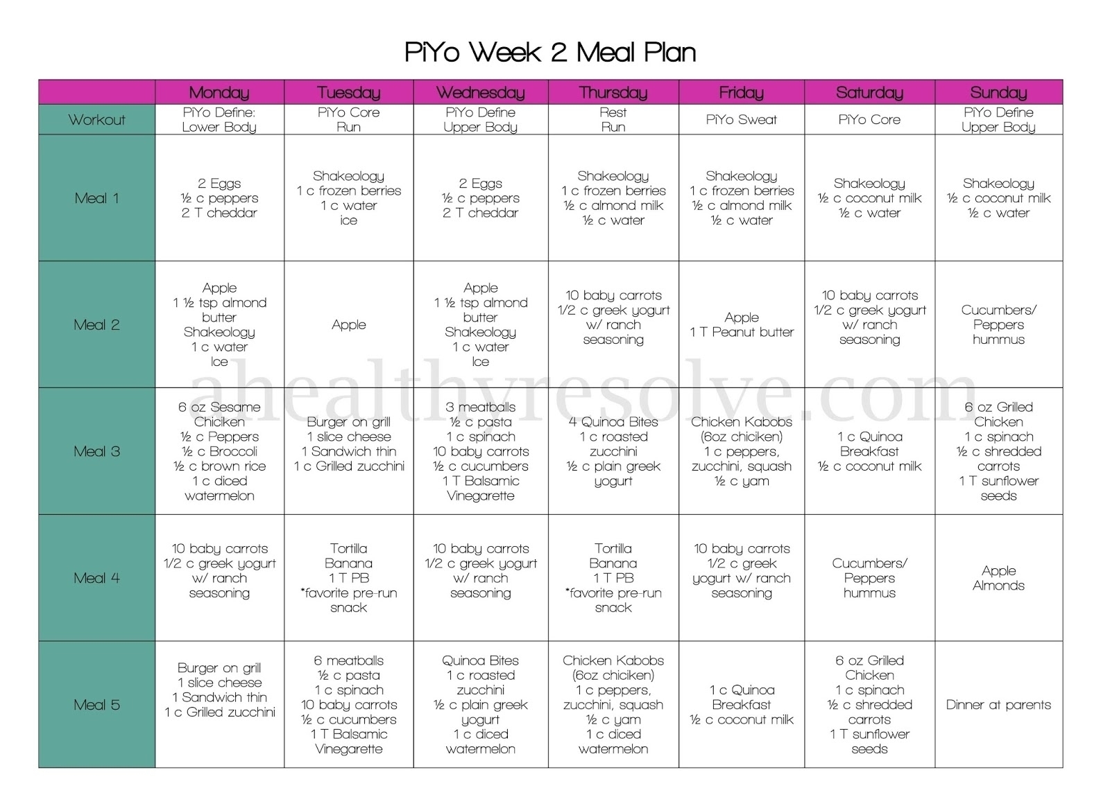 Piyo 8 Week Calendar | Month Calendar Printable