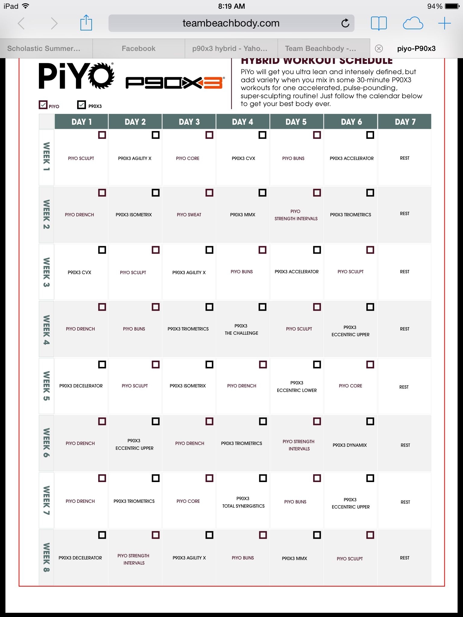 Piyo/p90X3 Hybrid | T25 Workout, Workout Schedule, Workout