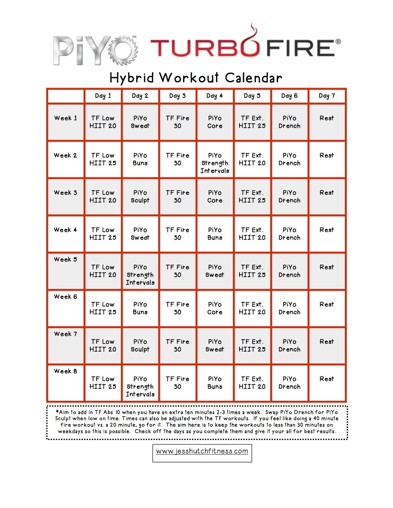 Piyo/turbofire Hybrid Calendar | Workout Calendar, Body Pump