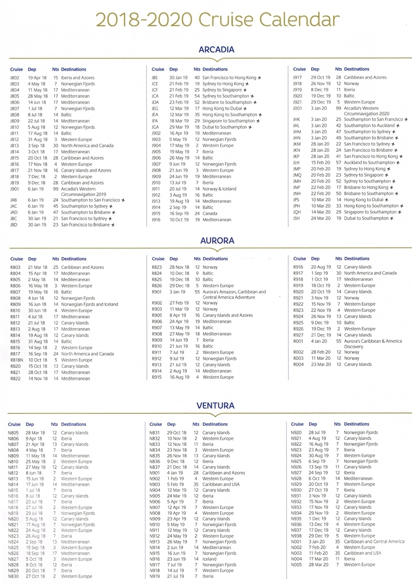 P&amp;o Cruises 2018 2019 2020 Cruise Calendar