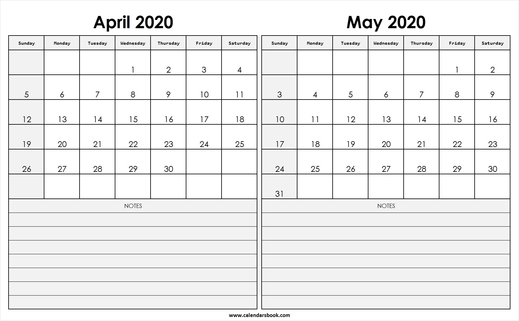 Print April May 2020 Calendar Template | 2 Month Calendar