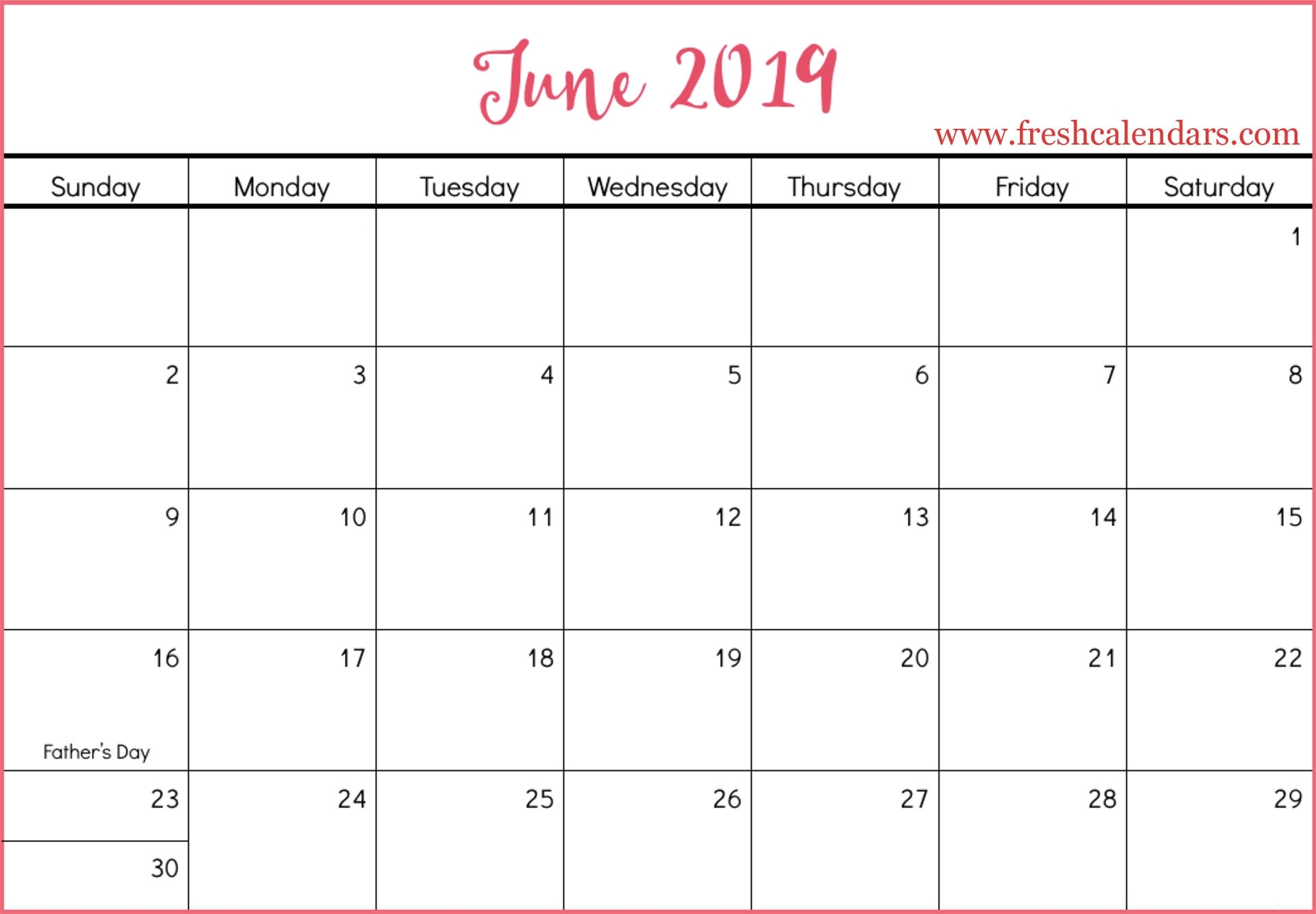 Print June 2019 Calendar Printable Monthly Template