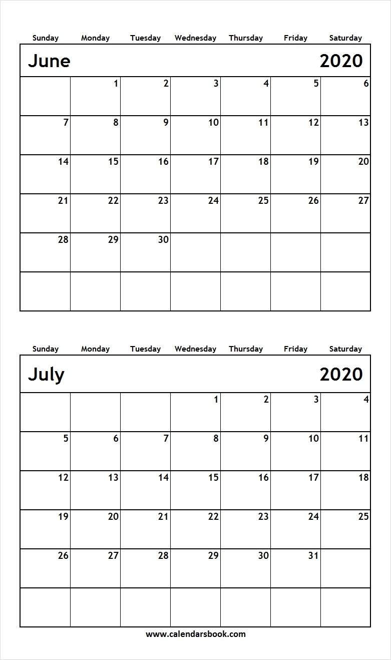Print June July 2020 Calendar Template | 2 Month Calendar