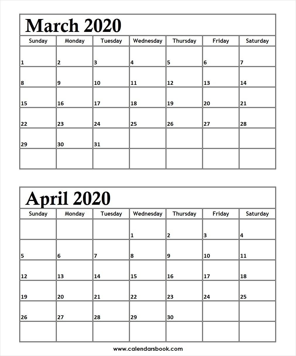 Print March April 2020 Calendar Template | 2 Month Calendar