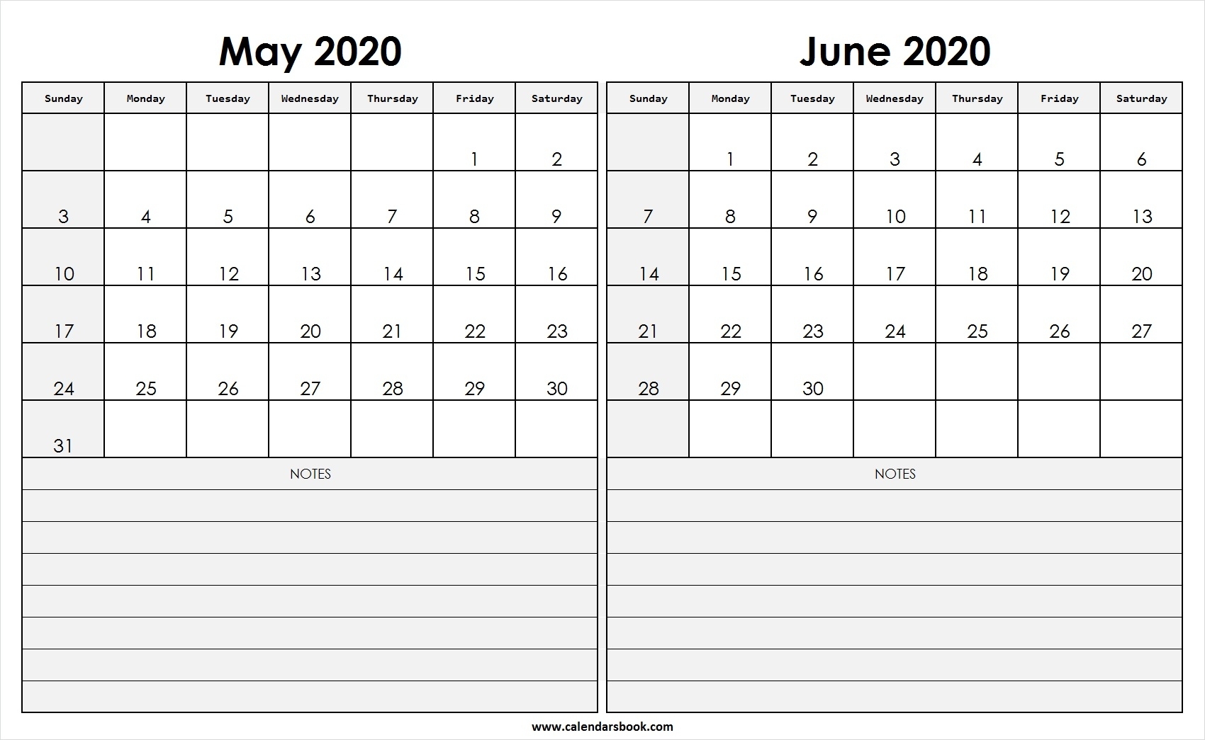 Print May June 2020 Calendar Template | 2 Month Calendar