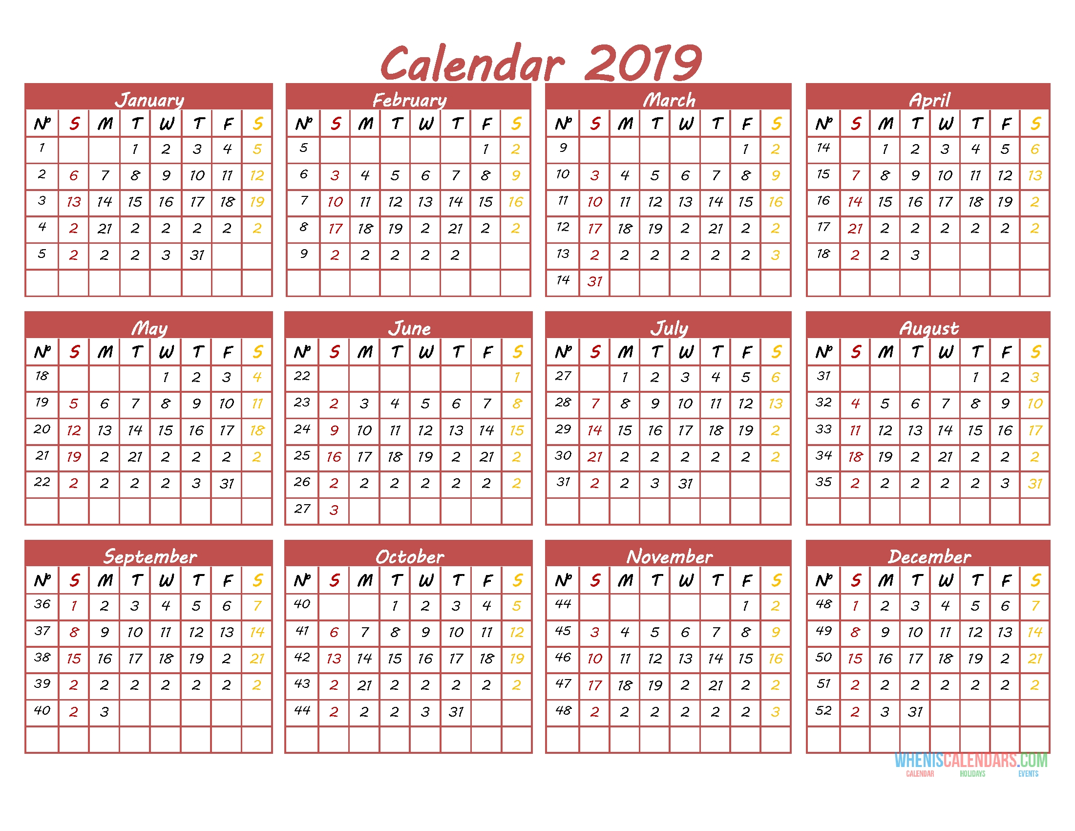 Printable 2019 12 Month Calendar Template Pdf, Word, Excel