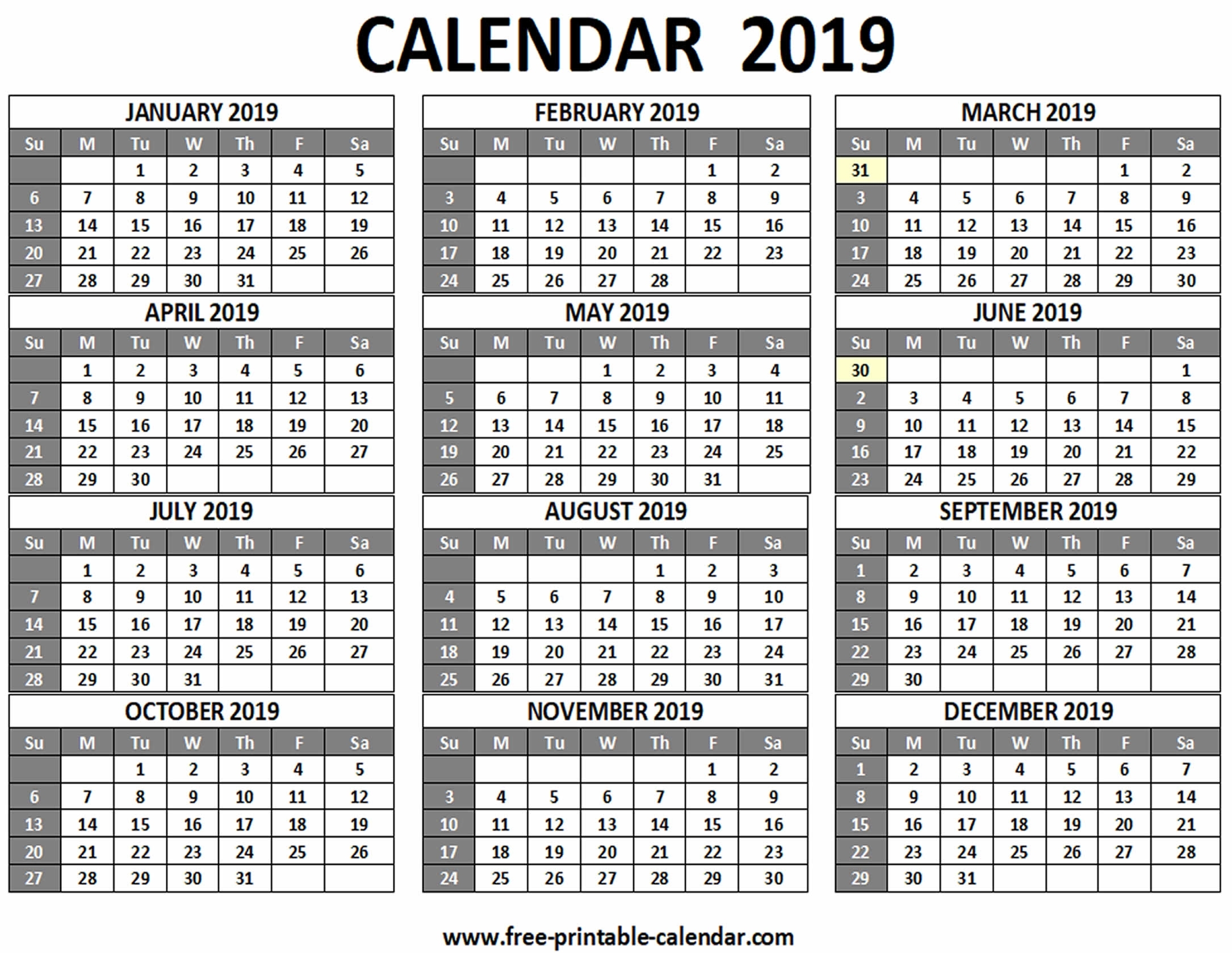 Printable 2019 Calendar - Free-Printable-Calendar