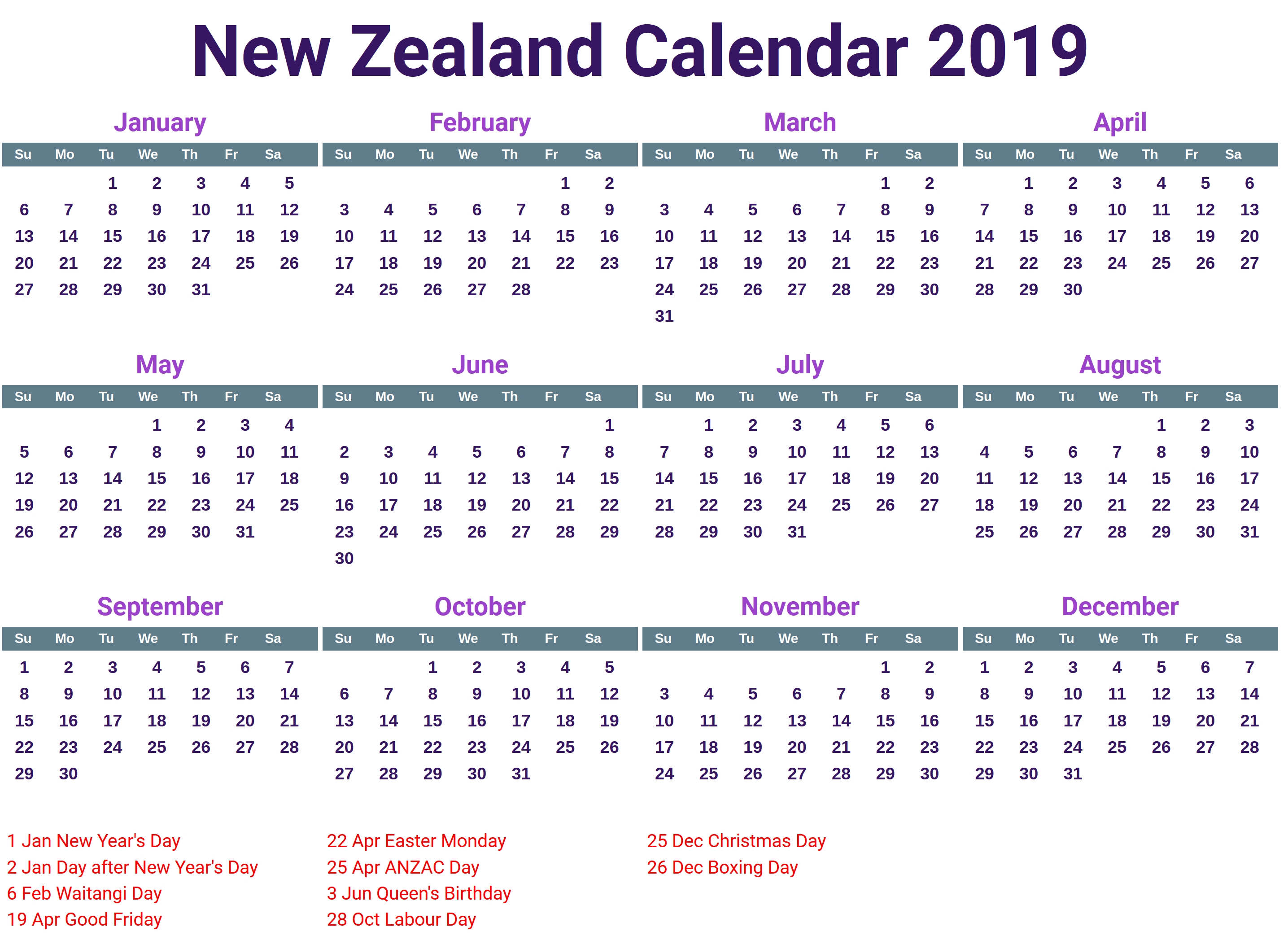 Printable 2019 Calendar New Zealand | Printable Calendar 2020