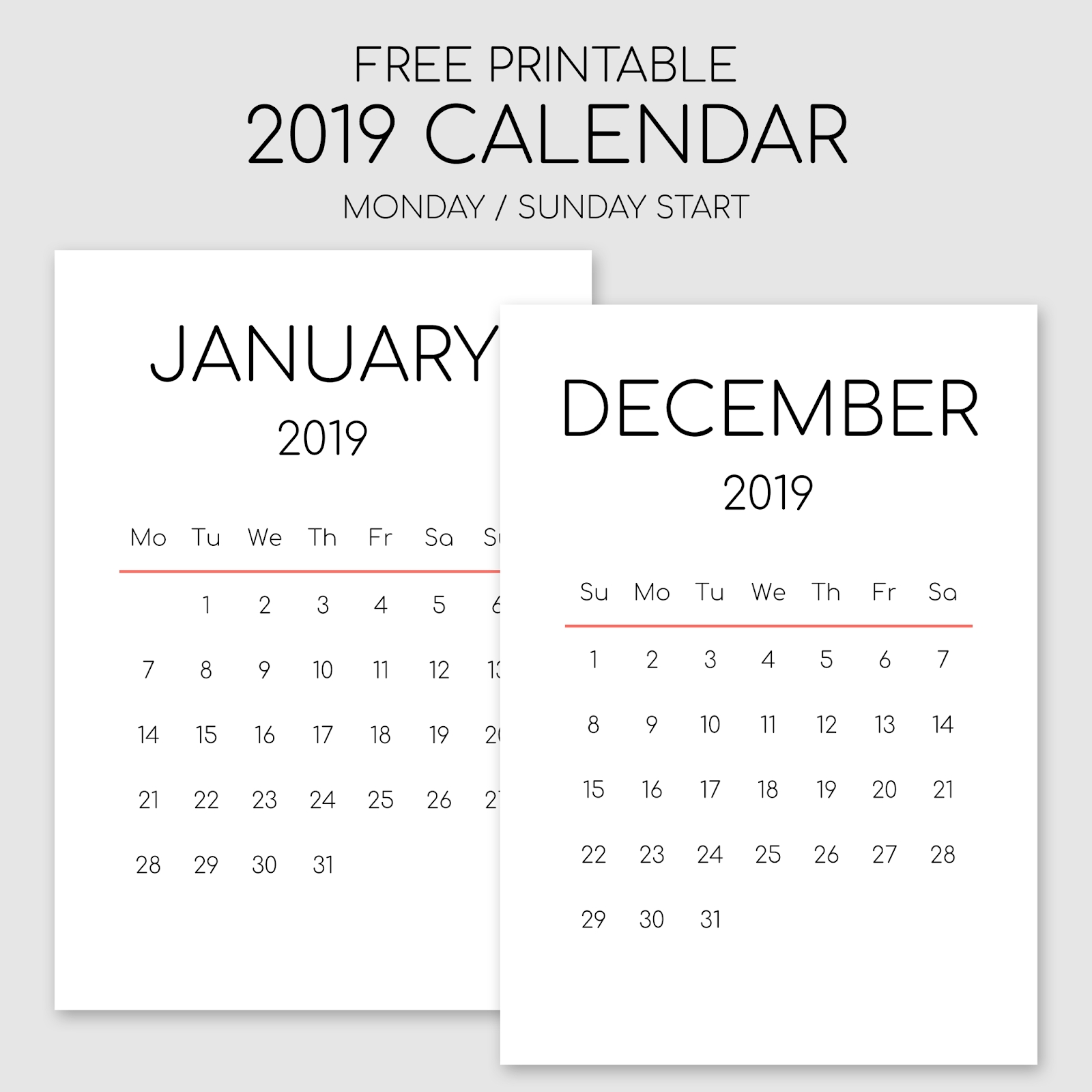 Printable 2019 Calendar - Portrait Orientation