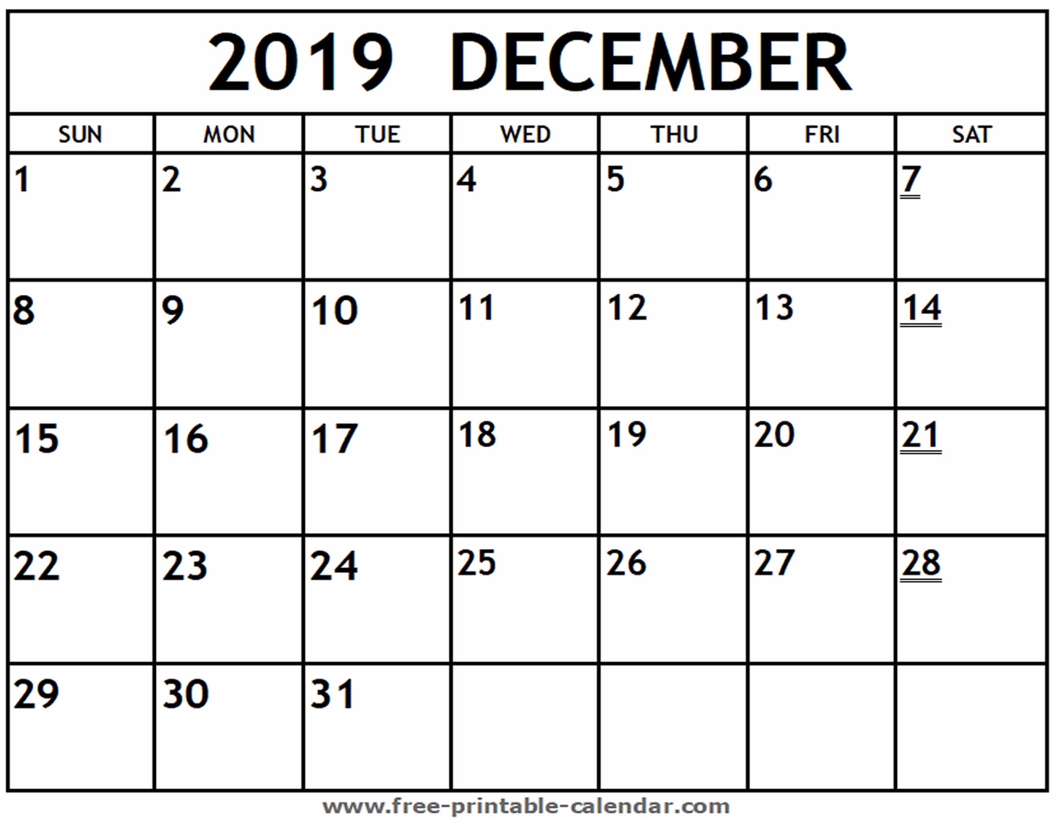 Printable 2019 December Calendar - Free-Printable-Calendar